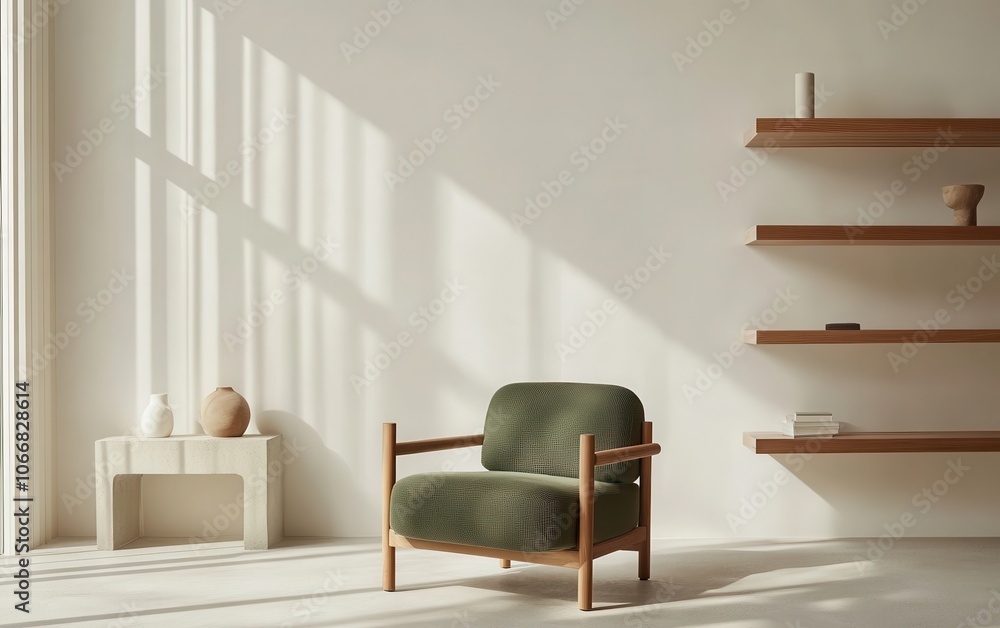 A Scandinavian living room interior with a contemporary green armchair, sleek wooden shelving, and a white wall backdrop. A Scandinavian living room interior with a contemporary green armchair, sleek wooden shelving, and a white wall backdrop.