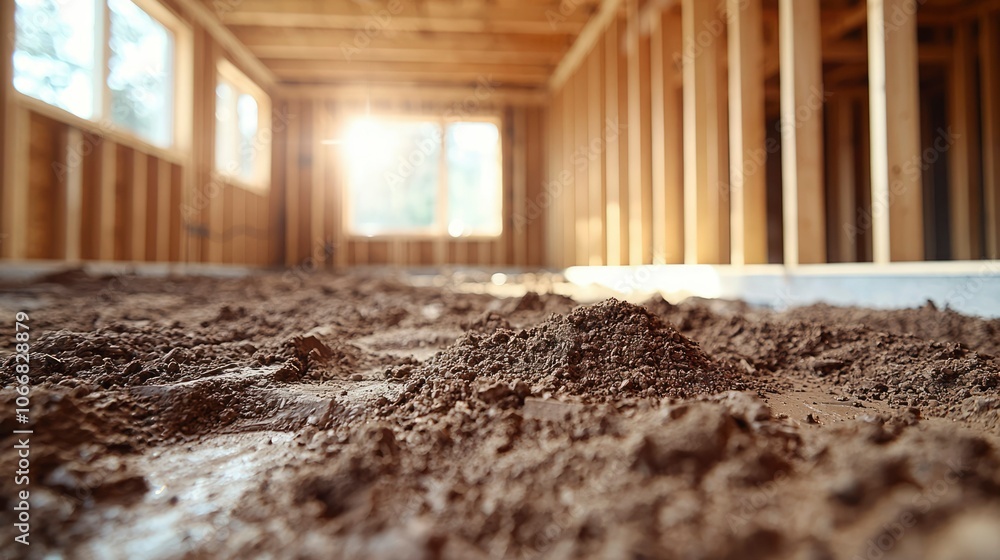 Close-up of Dirt Floor in an Unfinished Wooden Frame House Close-up of Dirt Floor in an Unfinished Wooden Frame House