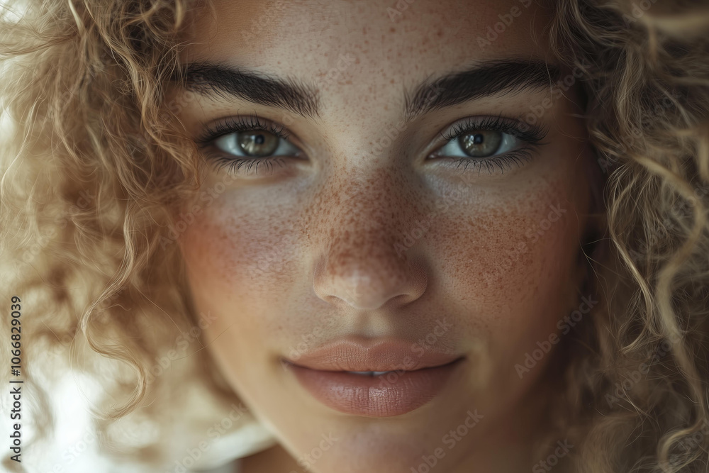 Fototapeta premium portrait of an enchanting woman with curly blonde hair, her eyes reflecting the soft light that illuminates her face