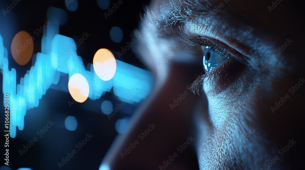 Close-up of an eye observing financial data on a digital screen. Close-up of an eye observing financial data on a digital screen.