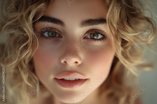 portrait of an enchanting woman with curly blonde hair, her eyes reflecting the soft light that illuminates her face