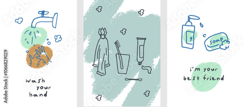 set of cards of beauty elements: towel, toothbrush, toothpaste, hand gel, faucet, soap, washing hands under the faucet. Freehand doodle illustration. Childish naive hand drawn vector art