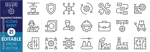 A set of line icons related to Manufacturing. Product, industry, automation, machines, electric, heavy, production, manager, employee, job, and so on. Vector editable stroke.