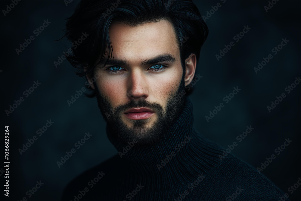 Fototapeta premium handsome man with black hair and a beard, dark blue eyes, and a long turtleneck sweater. He has very masculine features, and the image has a model photoshoot style with professional photography 