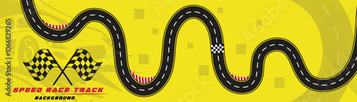 Creative vector illusion of race track isolated on yellow background. Speed race track background design with sport car.