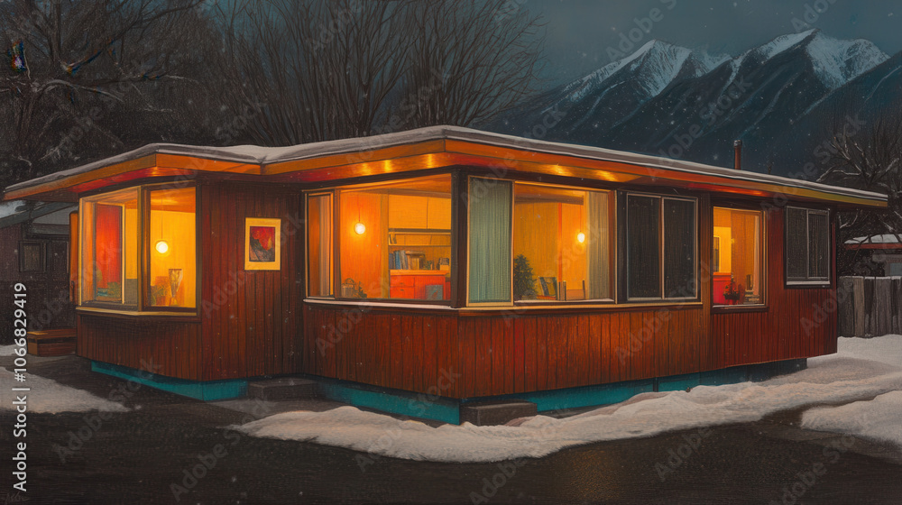 cozy lodge with snow gently falling, illuminated by warm golden lights, nestled in serene winter landscape with mountains in background cozy lodge with snow gently falling, illuminated by warm golden lights, nestled in serene winter landscape with mountains in background