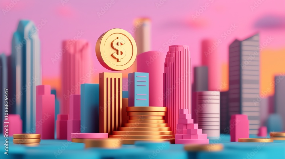 Colorful city skyline with dollar coins and a golden coin on top. Colorful city skyline with dollar coins and a golden coin on top.