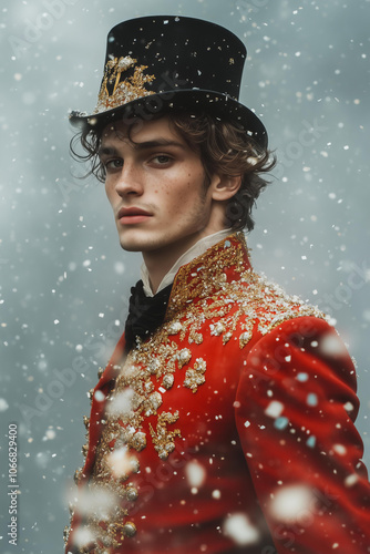 handsome young victorian magician, illusionist wearing a red coat with gold embroidery and a black top hat , stands in front of a grey background. Confetti and smoke surround , ringmaster  photo