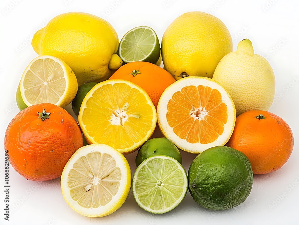 A collection of assorted citrus fruits including lemons limes and oranges artfully arranged on a spotless white background A collection of assorted citrus fruits including lemons limes and oranges artfully arranged on a spotless white background