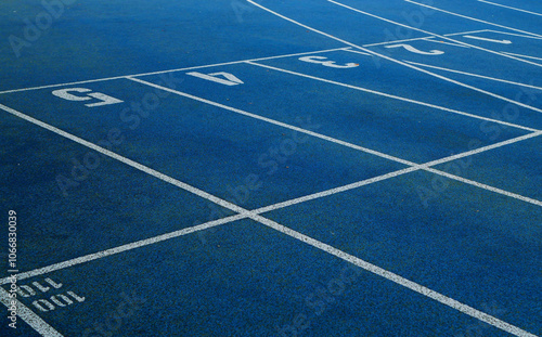 Blue running tracks with white lane markings and numbered start lines.