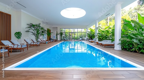 Indoor Swimming Pool with Loungers and Tropical Plants