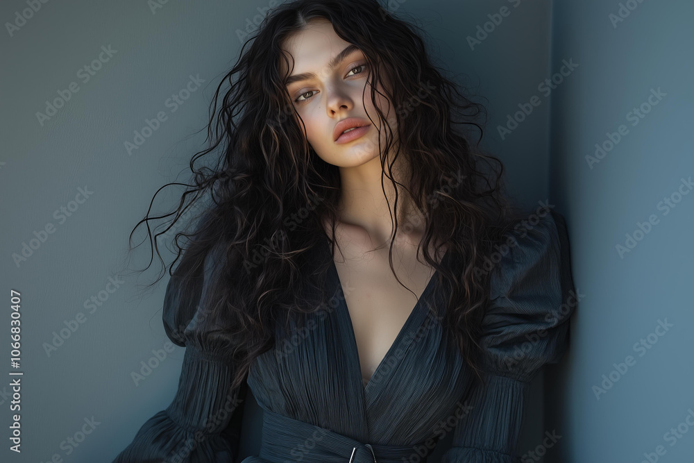 Closeup portrait of a young woman with long, curly hair, wearing an elegant dark gray airy dress with sleeves and a waist belt, posing in front of a wall. The image has a dark academia aesthetic Closeup portrait of a young woman with long, curly hair, wearing an elegant dark gray airy dress with sleeves and a waist belt, posing in front of a wall. The image has a dark academia aesthetic