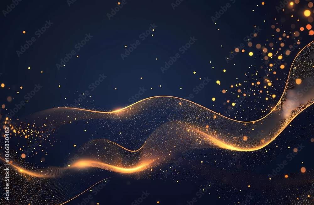 A vector illustration of golden, glittering particles waving on a dark blue background with the text A vector illustration of golden, glittering particles waving on a dark blue background with the text