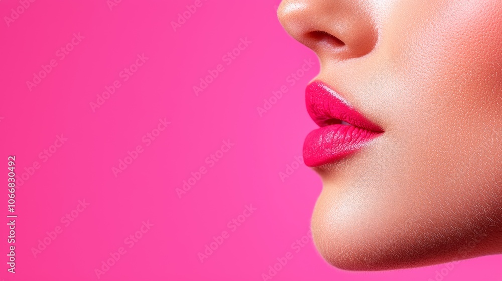 A close-up of beautifully defined lips, adorned with vibrant pink lipstick against a bright pink background, creating a striking visual impact. A close-up of beautifully defined lips, adorned with vibrant pink lipstick against a bright pink background, creating a striking visual impact.