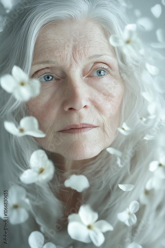 candid portrait of a slightly smiling blue eyed old woman with long white wavy hair and wrinkled beautiful kind face , surrounded by white flowers and floating petals  photo