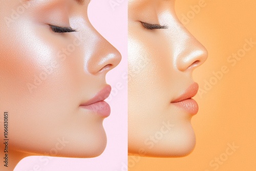 A split image showcasing two profiles of a glowing face against pastel backgrounds, highlighting skin texture and shine.