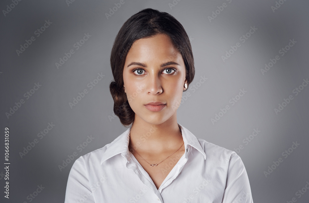 Portrait, business woman and lawyer with confidence, pride and isolated on grey studio background. Attorney, model and professional for corporate law firm, mockup and legal employee with ambition Portrait, business woman and lawyer with confidence, pride and isolated on grey studio background. Attorney, model and professional for corporate law firm, mockup and legal employee with ambition