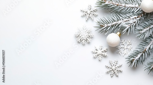 Festive Pine Branches with Ornaments and Snowflakes