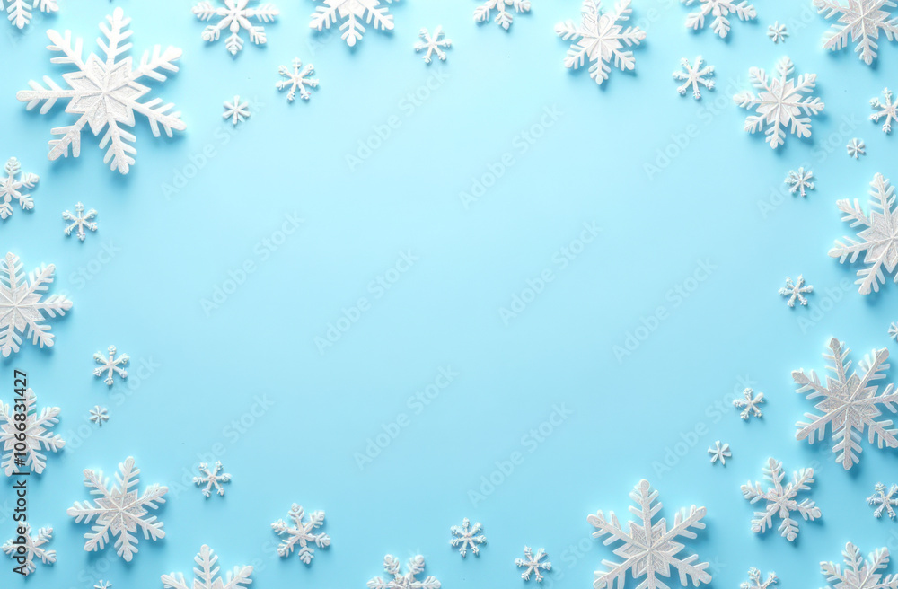 White snowflakes around an empty blue background. Merry Christmas and Happy Holidays greeting card, postcard with copy space inside White snowflakes around an empty blue background. Merry Christmas and Happy Holidays greeting card, postcard with copy space inside