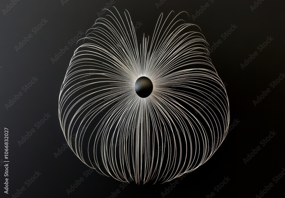 Obraz premium An Abstract Visualization of a Magnetic Field with Glowing Lines and Arrows Illustrating the Flow of Magnetic Force Encircling a Central Object in a Dark, Vacant Space.
