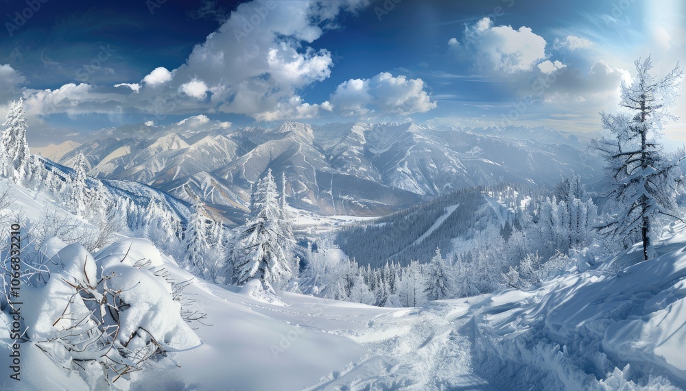 Snow-Covered Mountain Range With Evergreen Trees and Blue Sky Snow-Covered Mountain Range With Evergreen Trees and Blue Sky