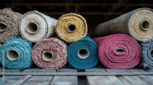 Rolled Up Fabric Rolls of Various Colors and Textures photo