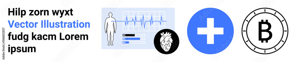 Human anatomy figure, heart monitoring graph, blue healthcare cross, and black Bitcoin symbol. Ideal for medical technology, financial technology, cryptocurrency, digital health, blockchain Human anatomy figure, heart monitoring graph, blue healthcare cross, and black Bitcoin symbol. Ideal for medical technology, financial technology, cryptocurrency, digital health, blockchain