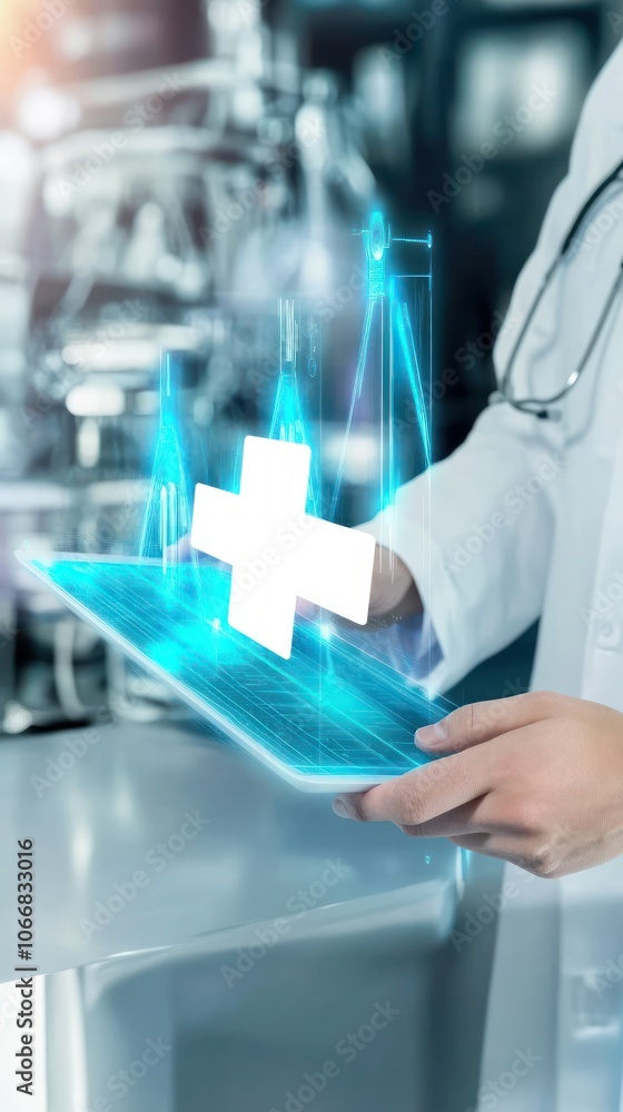 Close up of two doctors interacting with holographic touch screen showing futuristic medical tech, healthcare tools, digital diagnostics, medical equipment Close up of two doctors interacting with holographic touch screen showing futuristic medical tech, healthcare tools, digital diagnostics, medical equipment
