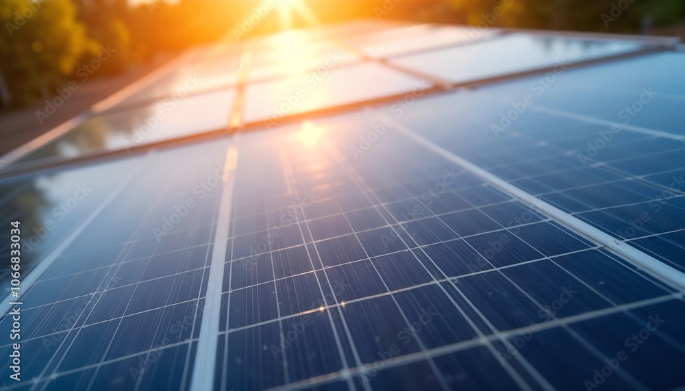 Solar panels at sunset with shining sun and warm glow for renewable energy concept Solar panels at sunset with shining sun and warm glow for renewable energy concept