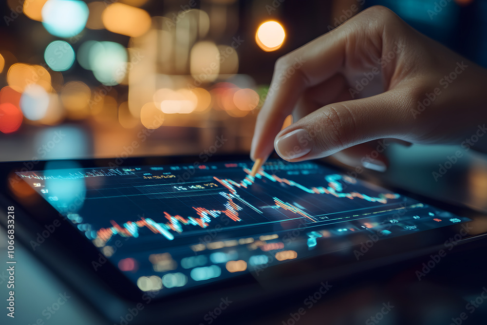 Stock market or forex trading graph on touchscreen, finance and investment concept. Economy trends for business, financial charts and digits Stock market or forex trading graph on touchscreen, finance and investment concept. Economy trends for business, financial charts and digits