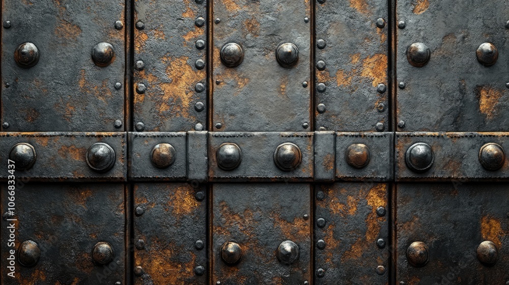 Fototapeta premium Rustic Metal Door with Rivets and Rusty Texture for Industrial and Vintage Design Backgrounds