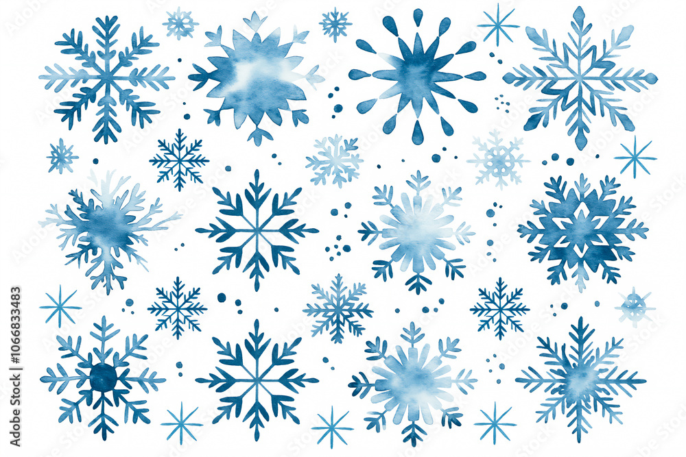 Watercolor Illustration of blue Snowflakes in various shapes and sizes arranged on White Background, creating Winter-themed Pattern with intricate details Watercolor Illustration of blue Snowflakes in various shapes and sizes arranged on White Background, creating Winter-themed Pattern with intricate details