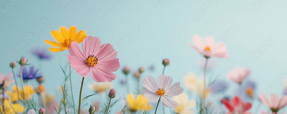 A vibrant bouquet of blooming flowers against a soft blue background, showcasing a variety of colors and delicate petals. A vibrant bouquet of blooming flowers against a soft blue background, showcasing a variety of colors and delicate petals.