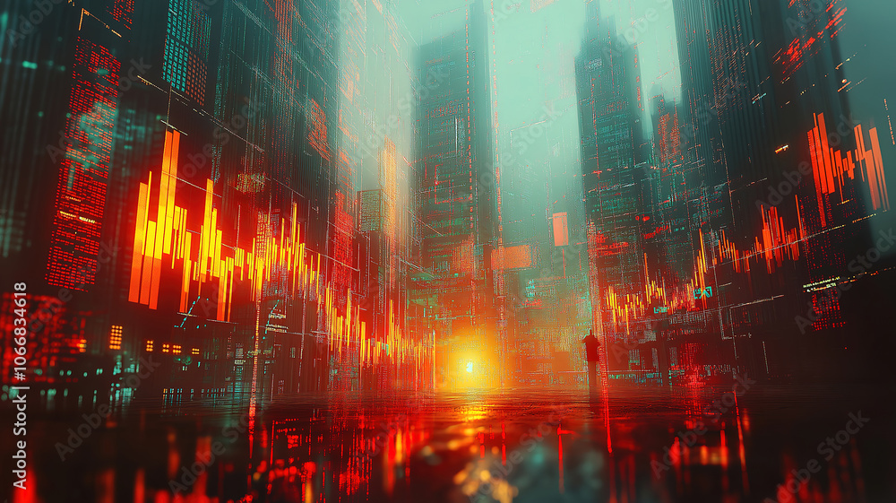 Naklejka premium Digital indicators and falling graphs show stock market crash with modern city in double exposure
