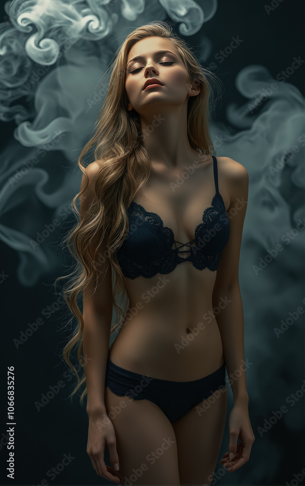 Creative portrait for a young slim woman in beautiful lingerie in clouds of smoke on a plain background. Advertising photo shoot. Creative portrait for a young slim woman in beautiful lingerie in clouds of smoke on a plain background. Advertising photo shoot.