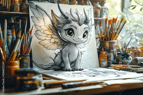 Charming winged baby dragon in an artist's studio setting photo