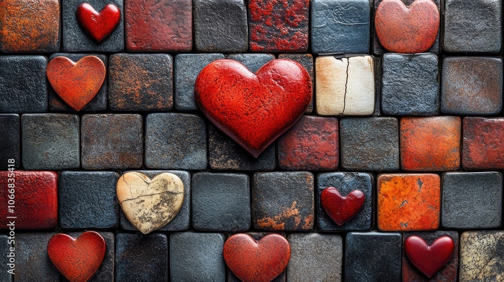Fototapeta premium Colorful Heart-Shaped Stones on Textured Brick Wall Creating a Vibrant and Artistic Background