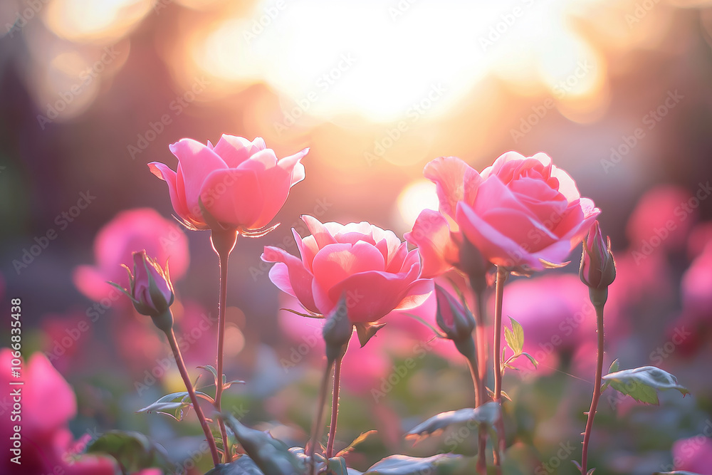 Fototapeta premium Close-Up of Pink Roses in Bloom at Sunrise with Soft Light and Natural Background.