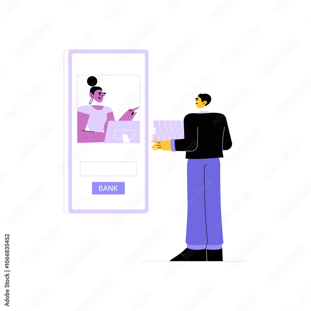 Male Bank Client Holding Documents Interacting With Female Bank Consultant On Digital Screen. Flat Vector Illustration About Online Banking, Virtual Financial Assistance, Isolated On White Male Bank Client Holding Documents Interacting With Female Bank Consultant On Digital Screen. Flat Vector Illustration About Online Banking, Virtual Financial Assistance, Isolated On White