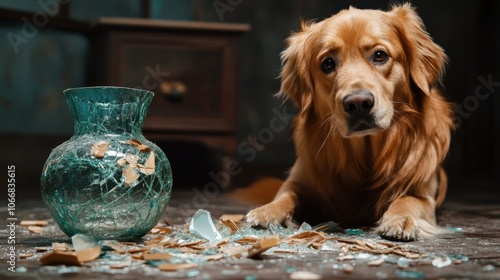 A golden retriever appears remorseful as it sits beside a broken vase, shards scattered across the floor in a well-lit room with wooden furnishings