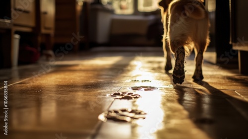 After a playful romp outside, the dog trots through the house, leaving muddy paw prints on the gleaming floor as sunlight casts shadows