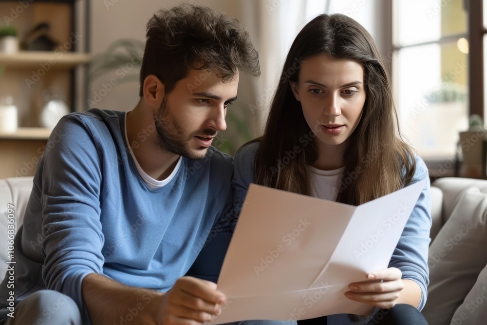 Concerned homeowners discussing mortgage loan terms while reading important documents. Concerned homeowners discussing mortgage loan terms while reading important documents.