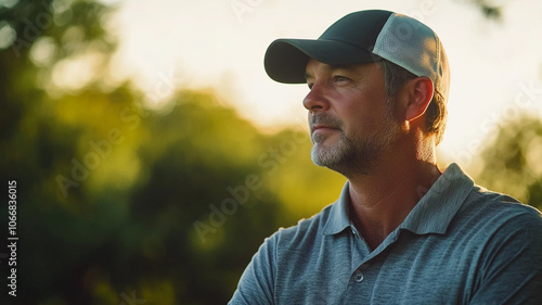 A thoughtful man stands outdoors during golden hour in a serene natural setting