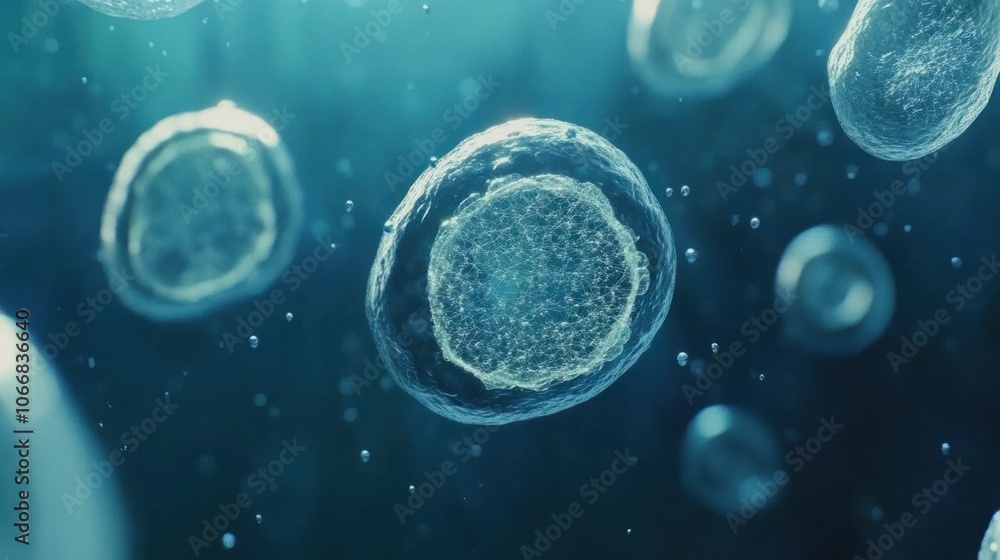 Abstract view of stem cells floating in a blue liquid environment, symbolizing cell research and science Abstract view of stem cells floating in a blue liquid environment, symbolizing cell research and science