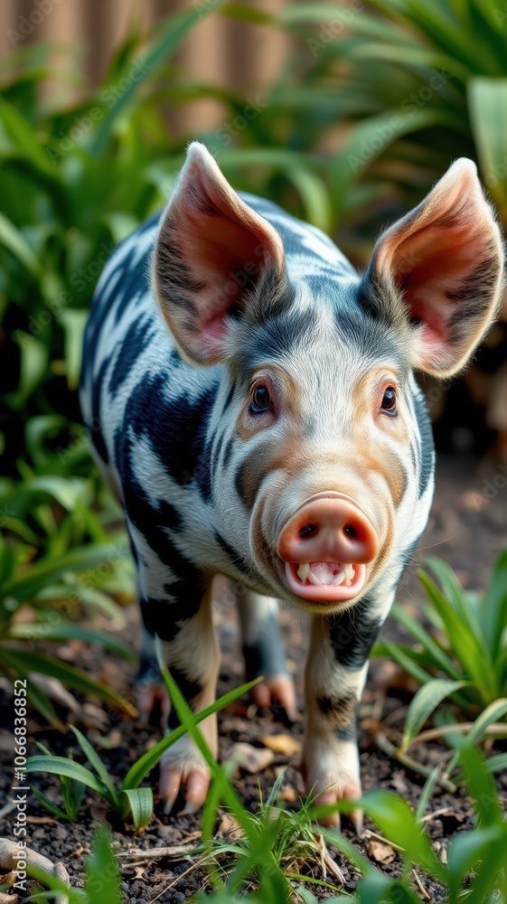 A black and white piglet smiles with its teeth showing while walking on a path through green grass A black and white piglet smiles with its teeth showing while walking on a path through green grass