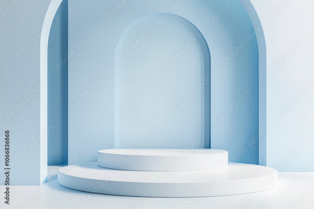 Mockup of white round podium for display product, blue minimal background with arche. Mockup of white round podium for display product, blue minimal background with arche.