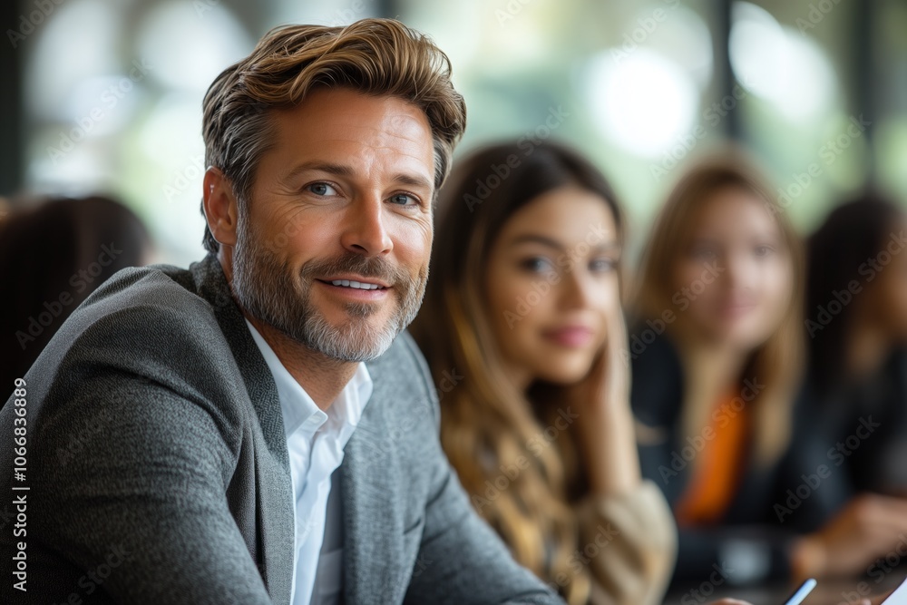 Fototapeta premium Male office business manager at corporate team meeting or coaching.