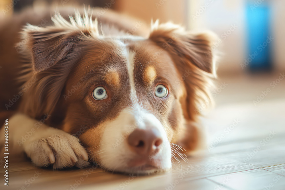Australian Shepherd Dog with Blue Eyes Resting on Floor, Closeup Indoors Australian Shepherd Dog with Blue Eyes Resting on Floor, Closeup Indoors