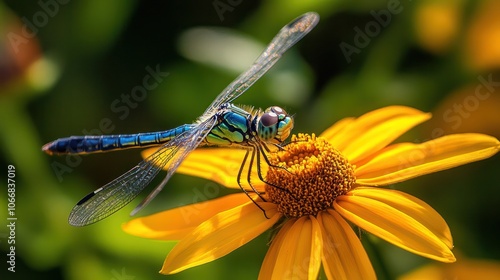 A macro image of a dragonfly perched on a bright yellow flower, with its iridescent wings shimmering in the sunlight