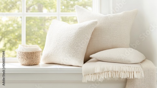 Cozy Knitted Pillows and Soft Throw on Sunlit Window Seat photo